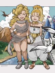Rule 34 | 2girls, ayla (chrono trigger), bird, blonde hair, breasts, castle, choker, chrono trigger, cloud, curly hair, dinosaur, full body, highres, jewelry, long hair, marle (chrono trigger), multiple girls, navel, necklace, open mouth, ponytail, smile, tail, uzutanco
