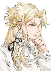 Rule 34 | 1boy, black ribbon, blonde hair, blue eyes, bow, bowtie, buttoned cuffs, buttons, commentary, cookie run, ear chain, ear piercing, earclip, earrings, flower earrings, frilled shirt collar, frills, gem, hair over shoulder, hair ribbon, hand on own chin, highres, humanization, jewelry, long hair, long sleeves, looking at viewer, low ponytail, madeleine cookie, male focus, parted bangs, pearl (gemstone), piercing, profile, ribbon, ring, shirt, sideways glance, simple background, smile, solo, symbol-only commentary, upper body, white background, white bow, white bowtie, white shirt, zzhenpotatochips