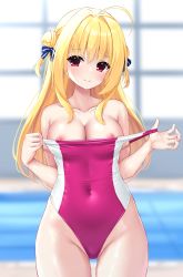Rule 34 | 1girl, absurdres, ahoge, bare shoulders, blonde hair, blue bow, blurry, blurry background, bow, closed mouth, collarbone, competition swimsuit, covered navel, cow, depth of field, double bun, groin, hair bow, hair bun, head tilt, highres, indoors, izumi hiyori, long hair, looking at viewer, ncontrail (mgax7527), nipple slip, nipples, one-piece swimsuit, original, photoshop (medium), pink one-piece swimsuit, pool, pulled by self, red eyes, smile, solo, strap pull, swimsuit, two-tone swimsuit, undressing, water, white one-piece swimsuit