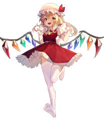 Rule 34 | 1girl, :d, absurdres, ascot, blonde hair, blouse, bow, crexby, crystal, fang, flandre scarlet, full body, hair between eyes, hat, hat ribbon, highres, long hair, looking at viewer, mob cap, nail polish, no shoes, open mouth, petticoat, puffy short sleeves, puffy sleeves, red eyes, red ribbon, red skirt, red vest, ribbon, shirt, short sleeves, simple background, skirt, skirt set, smile, solo, standing, standing on one leg, teeth, thighhighs, touhou, upper teeth only, vest, white background, white shirt, white thighhighs, wings