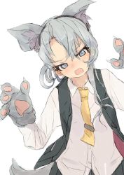 Rule 34 | 1girl, alchera, animal ears, animal hands, asymmetrical hair, cowboy shot, flipped hair, gloves, grey eyes, grey skirt, kantai collection, long hair, long sleeves, looking at viewer, necktie, nowaki (kancolle), open mouth, paw gloves, pleated skirt, silver hair, simple background, skirt, solo, swept bangs, tail, white background, wolf ears, wolf tail, yellow necktie