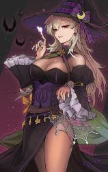 Rule 34 | 1girl, absurdres, akalari, bare shoulders, bat (animal), belt, black dress, black hat, black nails, black sleeves, bodice, breasts, brown belt, cleavage, commentary, corrin (female) (fire emblem), corrin (fire emblem), crossed belts, detached sleeves, dress, earrings, english commentary, fingernails, fire emblem, fire emblem fates, fire emblem heroes, frilled sleeves, frills, grey hair, hair between eyes, half-closed eyes, halloween, halloween costume, hat, highres, jewelry, long hair, looking at viewer, magic, medium breasts, nail polish, nintendo, official alternate costume, pointy ears, red eyes, side slit, smile, solo, spider web print, star (symbol), thighs, wide sleeves, witch, witch hat