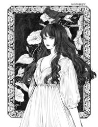 Rule 34 | 1girl, animal, animal on head, arm at side, bird, bird on head, breasts, cleavage, dated, dress, flower, greyscale, lemon89h, lips, long hair, looking at viewer, medium breasts, monochrome, morning glory, on head, original, outside border, plant, solo, upper body, vines