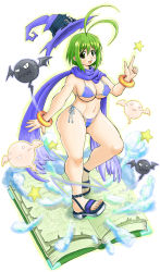 Rule 34 | 1girl, ahoge, antenna hair, bikini, book, bracelet, breasts, cameltoe, cleavage, covered erect nipples, ghost, giant book, green eyes, green hair, hat, highres, hip focus, jewelry, large breasts, matching hair/eyes, open mouth, original, ryoushun, sandals, scarf, short hair, smile, solo, standing, swimsuit, wand, wide hips, witch hat