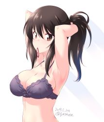 Rule 34 | 1girl, adjusting hair, aged up, alternate hair length, alternate hairstyle, armpits, arms behind head, arms up, black bra, blush, bow, bow bra, bra, breasts, brown eyes, brown hair, cleavage, commentary, covered erect nipples, dated, girls und panzer, hair tie in mouth, hair up, highres, kuzuryuu kennosuke, light blush, looking at viewer, medium breasts, mouth hold, nishizumi maho, one-hour drawing challenge, simple background, solo, standing, twitter username, underwear, underwear only, upper body, white background