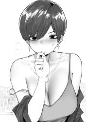 Rule 34 | ..., 1girl, bare shoulders, biting, blush, breasts, cleavage, collarbone, commentary, earrings, english commentary, finger biting, greyscale, hair between eyes, highres, jewelry, large breasts, looking at viewer, monochrome, necklace, norman maggot, off shoulder, olive laurentia, original, pixie cut, short hair, solo, spoken ellipsis, strap slip, sweat, tank top, upper body