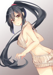 Rule 34 | 10s, 1girl, ass, backless outfit, bare arms, bare back, bare shoulders, black hair, blush, breasts, butt crack, closed mouth, cowboy shot, dango (dangowalolicon), embarrassed, from side, grey background, hair tie, highres, kantai collection, leaning forward, long hair, looking at viewer, looking to the side, medium breasts, meme attire, naked sweater, ponytail, sideboob, simple background, sleeveless, solo, sweater, thighs, very long hair, virgin killer sweater, yahagi (kancolle), yellow eyes, yellow sweater