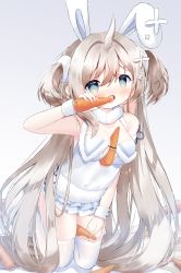 Rule 34 | 1girl, absurdres, animal ears, azur lane, bare shoulders, between breasts, between thighs, blue eyes, blush, breasts, brown hair, carrot, collarbone, commentary request, covered navel, fellatio, flower, food, fur-trimmed leotard, fur trim, gradient background, grey background, hair between eyes, hair flower, hair ornament, hand up, highres, holding, holding food, kneeling, leotard, long hair, looking at viewer, medium breasts, no shoes, open mouth, oral, rabbit ears, siera (sieracitrus), simulated fellatio, simulated paizuri, solo, thighhighs, tongue, tongue out, two side up, umikaze (azur lane), umikaze (soft and fluffy therapy) (azur lane), very long hair, white background, white flower, white leotard, white thighhighs