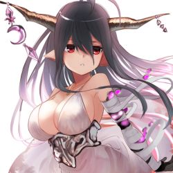 Rule 34 | 10s, 1girl, antenna hair, bare shoulders, black hair, breasts, cleavage, danua, draph, dress, female focus, granblue fantasy, hair between eyes, horn ornament, horns, jewelry, large breasts, long hair, looking at viewer, necklace, pointy ears, red eyes, simple background, sketch, solo, uro (uro zi), white background