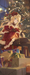 Rule 34 | 1girl, absurdres, alternate costume, aqua eyes, black pantyhose, blonde hair, blurry, blurry background, blush, box, box stack, christmas, christmas tree, crossed legs, detached collar, detached sleeves, dress, feet out of frame, fur-trimmed dress, fur-trimmed headwear, fur-trimmed sleeves, fur trim, genshin impact, gift, gift box, hat, highres, modare, navia (genshin impact), outdoors, pantyhose, pom pom (clothes), red dress, red hat, santa costume, santa hat, sitting, smile, solo, thighlet, thighs
