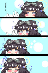Rule 34 | 1girl, 1other, 4koma, :d, :t, absurdres, animal ears, black hair, blue archive, blush, chibi, closed eyes, closed mouth, comic, commentary request, dog ears, gloves, goggles, goggles on head, grey eyes, halo, hand up, hands up, hibiki (blue archive), highres, kurukurumagical, notice lines, open mouth, out of frame, sensei (blue archive), smile, translation request, white gloves