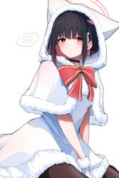 Rule 34 | 1girl, absurdres, black choker, black hair, black pantyhose, blue archive, blush, capelet, choker, closed mouth, dress, exiadoon, extra ears, halo, highres, hood, hooded capelet, kazusa (blue archive), looking at viewer, pantyhose, pink halo, red eyes, santa costume, short hair, simple background, solo, spoken blush, white background, white capelet, white dress