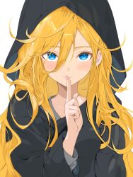 Rule 34 | absurdres, blonde hair, blue eyes, breasts, collarbone, commentary request, finger to mouth, hair between eyes, highres, hood, hoodie, kurozumip, light smile, lily (vocaloid), long hair, medium breasts, messy hair, shushing, solo, upper body, vocaloid