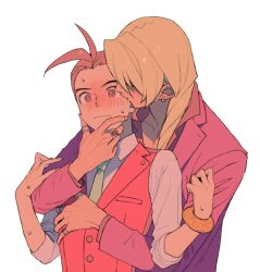 Rule 34 | 2boys, ace attorney, antenna hair, apollo justice, blonde hair, blush, bracelet, breast pocket, brown eyes, brown hair, brown shirt, buttons, closed eyes, closed mouth, collared shirt, dark-skinned male, dark skin, earrings, green necktie, hair over shoulder, hand on another&#039;s arm, hand on another&#039;s chest, hand on another&#039;s chin, jacket, jewelry, kiss, kissing cheek, klavier gavin, lapel pin, lapels, male focus, multiple boys, multiple rings, necktie, open collar, ouse (otussger), pocket, purple jacket, red vest, ring, shirt, short hair, simple background, sleeves rolled up, sweat, swept bangs, upper body, vest, wavy mouth, white background, white shirt, wide-eyed, yaoi
