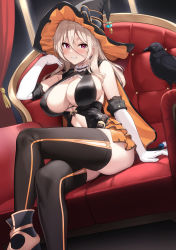 Rule 34 | 1girl, absurdres, bird, black choker, black footwear, black hat, black thighhighs, breasts, choker, cleavage, clothing cutout, commentary request, crossed legs, crow, elbow gloves, frilled choker, frills, gloves, grey hair, hair between eyes, halloween, hat, highres, large breasts, long hair, looking at viewer, navel, navel cutout, original, parted lips, partial commentary, red eyes, revision, sawada yuusuke, sitting, smile, solo, thighhighs, white gloves, witch, witch hat