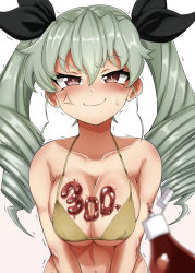 Rule 34 | 1girl, anchovy (girls und panzer), anger vein, bikini, black ribbon, blurry, blurry foreground, blush, breasts, brown bikini, brown eyes, chyazuke syake, cleavage, closed mouth, commentary, depth of field, drill hair, embarrassed, food on body, girls und panzer, glaring, green hair, hair ribbon, half-closed eyes, halterneck, highres, ketchup, ketchup bottle, large breasts, long hair, looking at viewer, milestone celebration, navel, ribbon, smile, solo, sweatdrop, swimsuit, trembling, twin drills, twintails, upper body, v-shaped eyes