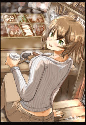 Rule 34 | 1girl, alternate costume, bench, blurry, blurry background, blush, breasts, brown hair, butt crack, casual, cup, food, green eyes, highres, holding, holding cup, kantai collection, khakis, large breasts, looking at viewer, mutsu (kancolle), oden, open mouth, pants, ribbed sweater, seitei (04seitei), short hair, signature, sitting, sketch, smile, solo, sweater, table