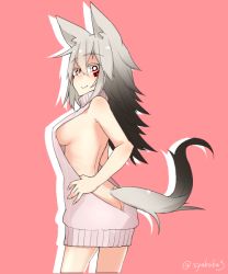 Rule 34 | 1girl, akasha (syakoba), animal ears, backless dress, backless outfit, bare arms, bare shoulders, blush, breasts, bright pupils, butt crack, closed mouth, cowboy shot, dress, facial mark, fox ears, fox tail, from side, grey hair, hair between eyes, long hair, looking at viewer, medium breasts, meme attire, naked sweater, original, pink background, shako (syakoba3), sideboob, simple background, smile, solo, standing, sweater, tail, virgin killer sweater, yellow eyes