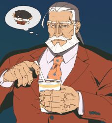 Rule 34 | 1boy, animal, bara, beard, black cat, blue eyes, business suit, cat, chibi, chibi inset, dark-skinned male, dark skin, facial hair, food, formal, highres, holding, holding food, jp (street fighter), large pectorals, long hair, male focus, mature male, muscular, muscular male, mustache, necktie, nissin cup noodle, old, old man, pectorals, ponytail, sa1k0p, shirt, solo, street fighter, street fighter 6, suit, thick eyebrows, thick mustache, thought bubble, veins, white hair, white shirt