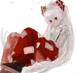 Rule 34 | 1girl, ahoge, b nosk101, blush, bow, breasts, brown footwear, closed mouth, collared shirt, eyebrows hidden by hair, foot out of frame, fujiwara no mokou, full body, hair bow, highres, knees up, long hair, looking at viewer, one-hour drawing challenge, pants, red bow, red eyes, red pants, shirt, silver hair, simple background, small breasts, smile, solo, suspenders, touhou, very long hair, white background, white shirt