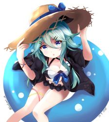 Rule 34 | 1girl, adapted costume, bikini, bikini skirt, black bikini, black jacket, blush, breasts, cleavage, from above, green eyes, green hair, hair between eyes, hair ornament, hair ribbon, hairclip, hat, hat ribbon, highres, innertube, jacket, kantai collection, kuroneko86, lifebuoy, long hair, looking at viewer, looking up, medium breasts, one-hour drawing challenge, open mouth, ribbon, simple background, sitting, solo, straw hat, sun hat, swim ring, swimsuit, white background, yamakaze (kancolle)