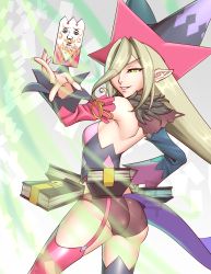 Rule 34 | 1girl, ass, bare shoulders, blonde hair, book, breasts, cleru (cleruuuuu), detached sleeves, from behind, garter straps, green eyes, hair over one eye, hat, highres, long hair, looking at viewer, magilou (tales), medium breasts, parted lips, shiny clothes, shiny skin, short shorts, shorts, sideboob, smile, solo, tales of (series), tales of berseria, thighhighs, very long hair