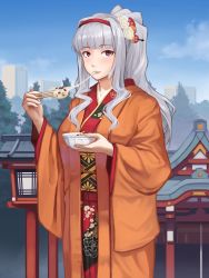 Rule 34 | 1girl, blush, bowl, building, chopsticks, cloud, day, eating, floral print, flower, hair flower, hair ornament, hairband, highres, holding, idolmaster, idolmaster (classic), japanese clothes, kimono, long hair, long sleeves, looking at viewer, md5 mismatch, mikado (winters), outdoors, parted lips, ponytail, red eyes, shijou takane, shiruko (food), shrine, silver hair, sky, solo, tree, wide sleeves