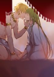 Rule 34 | 1boy, abs, absurdres, androgynous, armlet, bad id, bad pixiv id, blonde hair, bracelet, closed eyes, curtains, earrings, enkidu (fate), fate/grand order, fate/strange fake, fate (series), gilgamesh (fate), green hair, hand on another&#039;s face, highres, holding hands, interlocked fingers, jewelry, kiss, long hair, long sleeves, navel, necklace, robe, rrr (reason), seiza, short hair, sitting, white robe