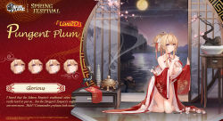 Rule 34 | 1girl, azur lane, bare shoulders, barefoot, blonde hair, blue eyes, breasts, chinese clothes, cleavage, cleavage cutout, clothing cutout, copyright name, detached sleeves, dress, flower, glorious (azur lane), glorious (pungent plum) (azur lane), hair flower, hair ornament, hair stick, highres, kincora, kneeling, large breasts, looking at viewer, moon, neck ribbon, night, night sky, official alternate costume, official art, plant, potted plant, red dress, reflection, ribbon, sky, wide sleeves