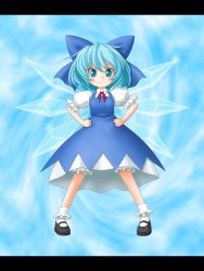 Rule 34 | 1girl, blue eyes, blue hair, bow, cirno, detached wings, hair bow, hands on own hips, highres, ice, ice wings, letterboxed, mary janes, matching hair/eyes, puffy sleeves, shoes, short hair, short sleeves, smile, solo, t2r, touhou, wings