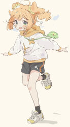 Rule 34 | 1girl, absurdres, ahoge, blush, fkurou p, full body, green eyes, highres, hood, hoodie, idolmaster, idolmaster (classic), long hair, open mouth, orange hair, shoes, shorts, simple background, sketch, sneakers, solo, standing, standing on one leg, takatsuki yayoi, twintails, white background