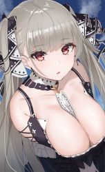 Rule 34 | 1girl, :o, azur lane, bare shoulders, between breasts, black dress, blush, breasts, cleavage, dress, earrings, formidable (azur lane), frilled dress, frills, grey hair, hair ornament, hair ribbon, highres, jewelry, large breasts, long hair, long sleeves, looking at viewer, red eyes, reinama, ribbon, solo, twintails