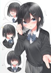 Rule 34 | 1girl, absurdres, black hair, black sweater, blush, bow, bowtie, collared shirt, cowboy shot, from side, grey skirt, grin, hair between eyes, hair ornament, hair over eyes, hairclip, hand up, highres, long sleeves, looking at viewer, looking to the side, multicolored eyes, multiple views, neku (neku draw), open mouth, original, parted lips, shirt, short hair, sidelocks, skirt, smile, sparkle, standing, striped bow, striped bowtie, striped clothes, striped neckwear, sweater, teeth, tongue, white background, white shirt