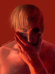 Rule 34 | 1boy, artist name, blonde hair, covering own mouth, crain1art, exposed muscle, hand over own mouth, highres, hollow eyes, jujutsu kaisen, looking at viewer, nanami kento, red background, short hair, simple background, solo, spoilers, topless male