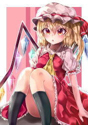 Rule 34 | 1girl, :o, absurdres, ascot, black socks, blonde hair, blouse, breasts, collared shirt, commentary request, crystal, feet out of frame, flandre scarlet, frilled shirt collar, frilled skirt, frilled sleeves, frills, hair between eyes, hat, hat ribbon, highres, kneehighs, looking at viewer, mahoro (minase mahoro), medium hair, mob cap, multicolored wings, open mouth, orange eyes, pink background, puffy short sleeves, puffy sleeves, red ribbon, red skirt, red vest, ribbon, shirt, short sleeves, side ponytail, simple background, sitting, skirt, small breasts, socks, solo, thighs, touhou, vest, white hat, white shirt, wings, yellow ascot