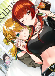 Rule 34 | 4girls, absurdres, aihara yuzu, anniversary, bag, belt, black shirt, blonde hair, blurry, blurry background, blush, bracelet, breasts, character request, choker, citrus (saburouta), cleavage, closed mouth, copyright name, cup, disposable cup, drinking straw, earrings, green eyes, hand on another&#039;s shoulder, highres, holding, holding cup, indoors, jewelry, large breasts, long hair, looking at viewer, midriff, mizusawa matsuri, multiple girls, navel, necklace, official art, one eye closed, orange eyes, puckered lips, red hair, shirt, shopping bag, taniguchi harumi, tank top, tongue, tongue out, upper body, yuama (drop)