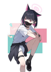 Rule 34 | 1girl, absurdres, animal ears, arm on knee, bangle, belt, black collar, black footwear, black hair, black jacket, black socks, black wristband, blue archive, bracelet, cat ears, clothes around waist, collar, collarbone, colored inner hair, crossed arms, earclip, extra ears, food, foot out of frame, hair ornament, hairclip, halo, highres, ice cream cone, jacket, jacket around waist, jewelry, kazusa (band) (blue archive), kazusa (blue archive), knee up, kro (kroooxd), loafers, macaron, mask, mouth mask, multicolored hair, official alternate costume, pastry, pink hair, pink halo, pink nails, red eyes, ring, shirt, shirt tucked in, shoes, short hair, short sleeves, skirt, socks, solo, thigh belt, thigh strap, white background, white shirt, white skirt