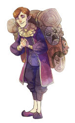 1boy backpack bag brown_hair closed_eyes closed_mouth commentary english_commentary facial_hair happy_mask_salesman highres long_sleeves looking_to_the_side male_focus mask mustache nintendo own_hands_together purple_footwear short_hair smile standing the_legend_of_zelda the_legend_of_zelda:_majora&#039;s_mask the_legend_of_zelda:_ocarina_of_time turtle-arts white_background