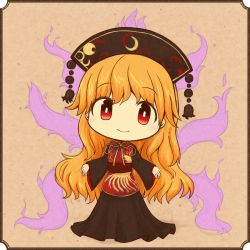 Rule 34 | 1girl, akihiyo, animal print, black dress, blonde hair, brown background, brown theme, chibi, chinese clothes, dress, energy, fox tail, framed, hat, head tilt, highres, junko (touhou), long hair, long sleeves, looking at viewer, multiple tails, obi, open hands, red eyes, ribbon, sash, simple background, smile, solo, tabard, tail, touhou, very long hair