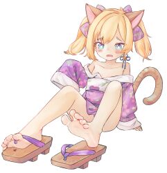 Rule 34 | 1girl, animal ears, aqua eyes, bare legs, bare shoulders, barefoot, blue eyes, blush, cat ears, cat tail, chaosexceed, collarbone, commentary, commission, convenient leg, english commentary, fang, feet, flat chest, floral print, full body, geta, gradient eyes, hand up, highres, japanese clothes, kimono, knees up, legs, medium hair, mixed-language commentary, multicolored eyes, off shoulder, on ground, open mouth, original, parted bangs, print kimono, purple kimono, sandals, short kimono, simple background, single sandal, sitting, skin fang, sleeves past fingers, sleeves past wrists, soles, solo, tail, thighs, toenails, toes, twintails, wardrobe malfunction, white background, wide sleeves