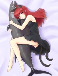 Rule 34 | 1girl, animal ears, ass, bare arms, bare legs, bare shoulders, barefoot, black dress, breasts, cat ears, cat tail, dress, extra ears, fish, full body, hair down, isaki (gomi), kaenbyou rin, long hair, looking at viewer, lying, multiple tails, nightgown, hugging object, on side, puffy sleeves, red eyes, red hair, sleeveless, sleeveless dress, solo, tail, touhou, tuna, two tails