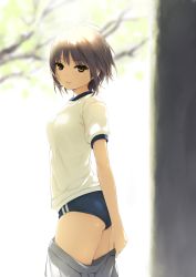 Rule 34 | 1girl, ass, branch, breasts, brown eyes, brown hair, clothes pull, coffee-kizoku, commentary request, day, gym shorts, gym uniform, highres, holding, holding clothes, holding skirt, looking at viewer, medium breasts, original, outdoors, pleated skirt, shirt, short hair, short sleeves, shorts, sidelocks, skirt, skirt pull, smile, solo, tree