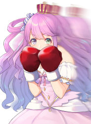 Rule 34 | 1girl, afterimage, boxing gloves, breasts, candy hair ornament, commentary request, covered mouth, cowboy shot, crown, dress, fighting stance, food-themed hair ornament, gradient hair, green eyes, hair ornament, hair rings, heterochromia, highres, himemori luna, himemori luna (1st costume), hololive, long hair, looking at viewer, medium breasts, mikan (chipstar182), mini crown, multicolored hair, off-shoulder dress, off shoulder, pink dress, pink hair, princess, purple eyes, purple hair, side ponytail, simple background, solo, two-tone hair, virtual youtuber, white background