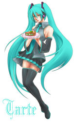 Rule 34 | 1girl, aqua eyes, aqua hair, cake, detached sleeves, female focus, food, full body, hatsune miku, headset, legs, long hair, necktie, pastry, plate, simple background, skirt, solo, thighhighs, twintails, very long hair, vocaloid, white background, xilla, zettai ryouiki
