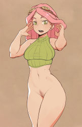 Rule 34 | 1girl, arms up, artist name, boku no hero academia, bottomless, breasts, brown background, cleft of venus, crosshair, crosshair pupils, female pubic hair, goggles, goggles on head, green eyes, hatsume mei, highres, lit silium, looking at viewer, medium breasts, midriff, navel, open mouth, pink hair, pubic hair, pussy, pussy peek, sleeveless, solo, standing, symbol-shaped pupils, teeth, turtleneck