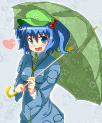 Rule 34 | 1girl, bad id, bad pixiv id, blue eyes, blue hair, breasts, colorized, fang, female focus, hat, highres, kawashiro nitori, looking at viewer, matching hair/eyes, meicha, open mouth, small breasts, smile, solo, touhou, two side up, umbrella