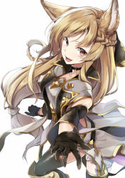 Rule 34 | 10s, 1girl, animal ears, armor, blonde hair, braid, erune, gloves, granblue fantasy, kakao rantan, long hair, looking at viewer, open mouth, red eyes, simple background, smile, solo, yuisis (granblue fantasy)