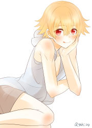 Rule 34 | 1boy, :p, absurdres, aged down, blonde hair, blush, child, child gilgamesh (fate), fate/grand order, fate/hollow ataraxia, fate (series), gilgamesh (fate), highres, hood, hoodie, iura (t123123), male focus, red eyes, short hair, shorts, simple background, sleeveless, sleeveless hoodie, smile, solo, tongue, tongue out, twitter username, white background