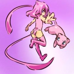 Rule 34 | 1990s (style), 1girl, blue eyes, costume, creatures (company), game freak, gen 1 pokemon, hitec, legendary pokemon, leotard, looking back, mew (pokemon), moemon, mythical pokemon, nintendo, personification, pink hair, pink theme, pokemon, pokemon (creature), pokemon rgby, retro artstyle, solo, tail, thighhighs