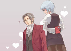 Rule 34 | 1boy, 1girl, ?, ace attorney, arms behind back, ascot, averting eyes, bad id, bad pixiv id, black gloves, black pantyhose, blue eyes, blue hair, blush, brown eyes, capcom, chocolate, dutch angle, embarrassed, formal, franziska von karma, from behind, frown, gloves, grey eyes, grey hair, hair intakes, heart, holding, holding behind back, jacket, long sleeves, loveinco, miles edgeworth, miniskirt, mole, mole under eye, open clothes, open jacket, pantyhose, pencil skirt, puffy sleeves, short hair, skirt, striped, suit, tuxedo, valentine, vest